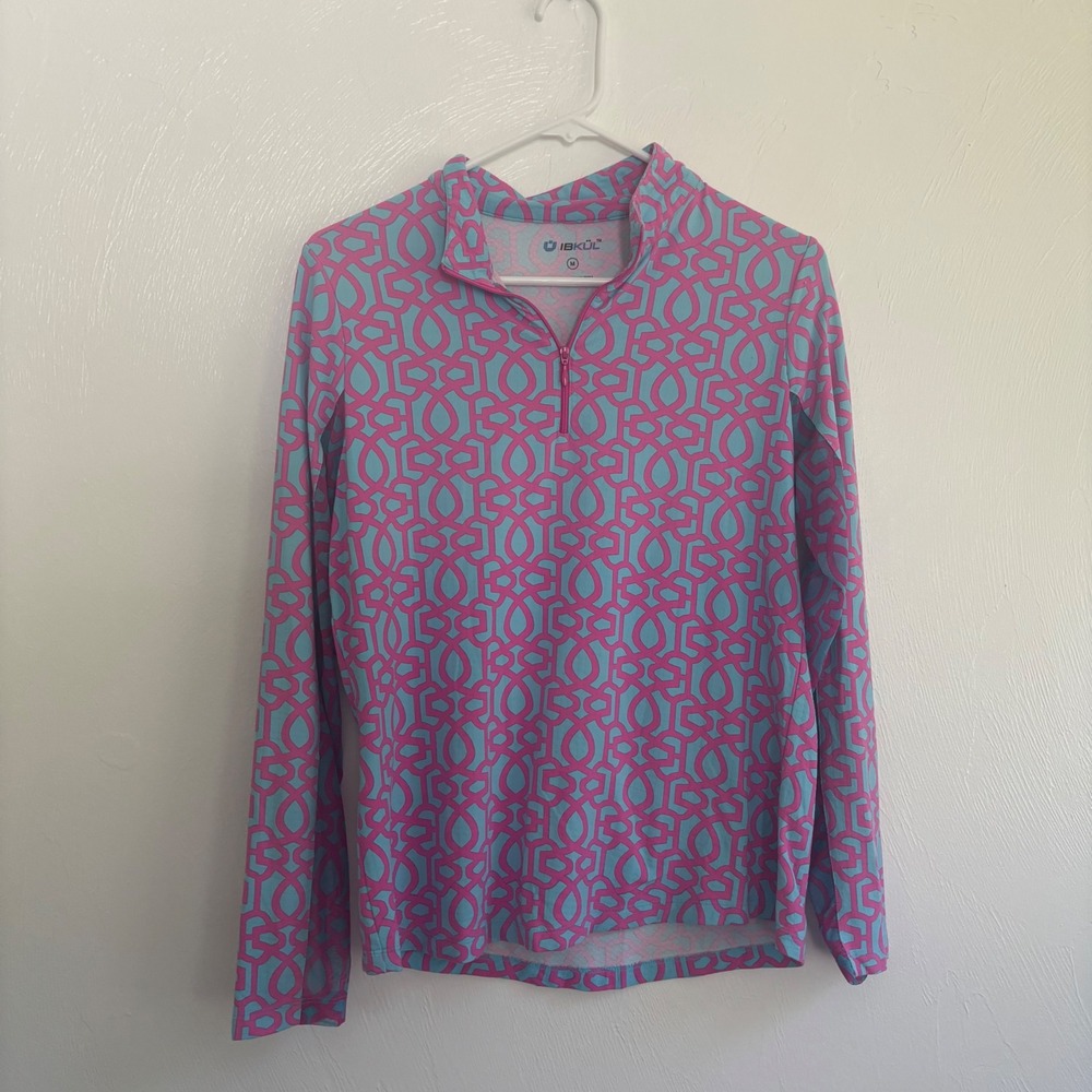 IBKUL Women's Medium 1/4 Zip Pullover Top Pink Blue Geometric Print Mesh Golf